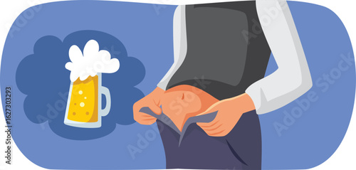 Man With Prominent Abdomen Because of Beer Vector Cartoon. Extra visceral fat symptom of alcohol over consumption and addiction 