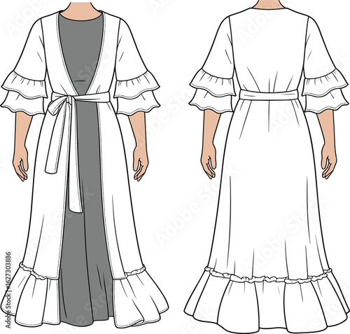 Long ruffle sleeve belted maxi kimono dress, fashion garment flat sketch, back and front view, CAD drawing flat vector illustration