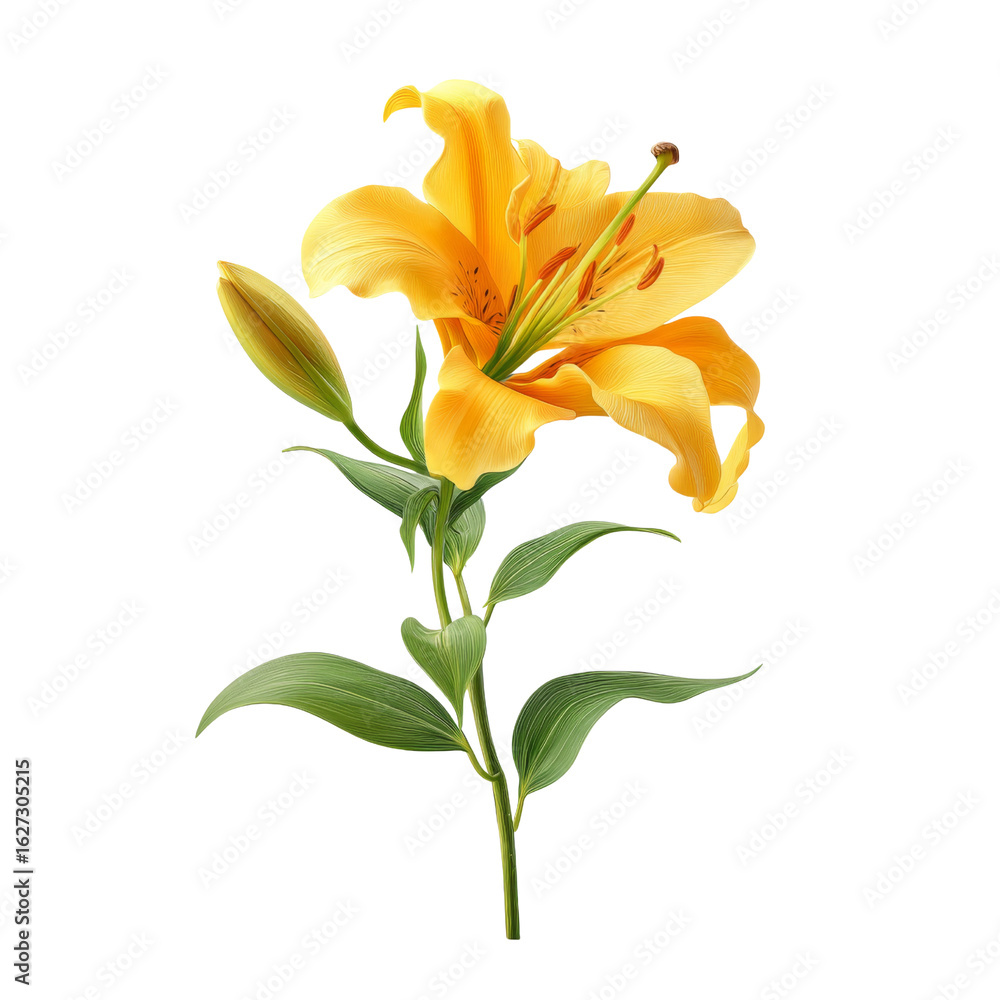 Fototapeta premium vibrant yellow lily flower with green leaves, symbolizing beauty and elegance. This stunning floral arrangement adds touch of nature to any setting