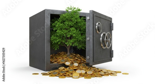 Wallpaper Mural Safe with Tree and Gold Coins Financial Growth Concept. Torontodigital.ca