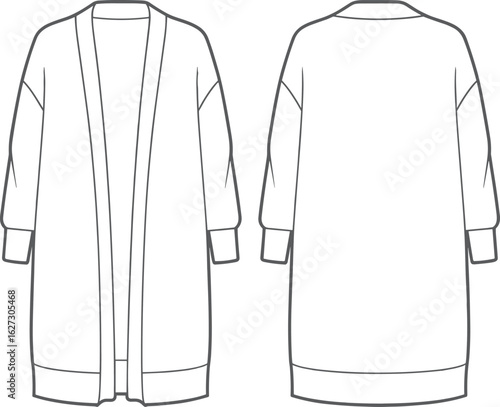 Longline open front cardigan, fashion flat sketch, technical drawing, cozy knitwear, minimalist outerwear design, CAD vector front back illustration