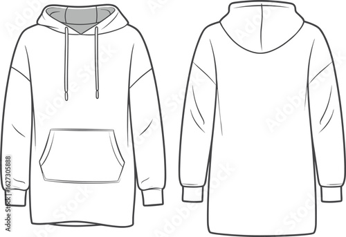 Oversized hoodie sweatshirt flat sketch, fashion CAD template, pullover with front pocket and hood, vector apparel technical drawing design