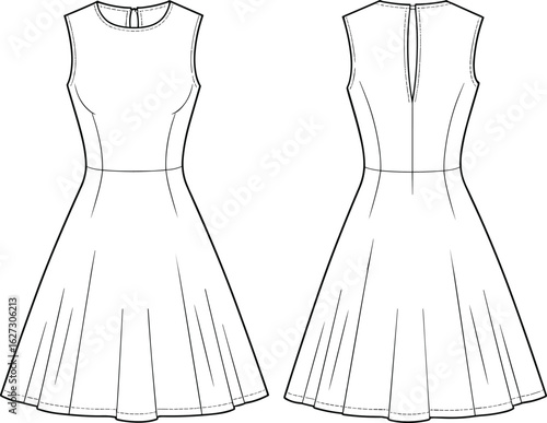 Sleeveless skater dress CAD drawing, flat vector illustration, front and back view, technical fashion sketch, apparel design template