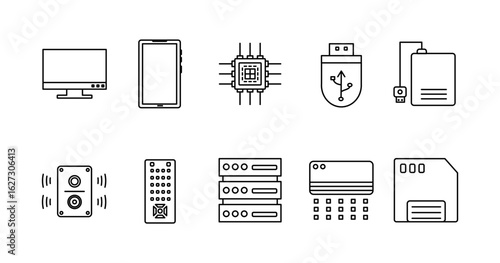 Electronics Device icon set collection style outline. Contain remote control, usb, cpu, smartphone, speaker