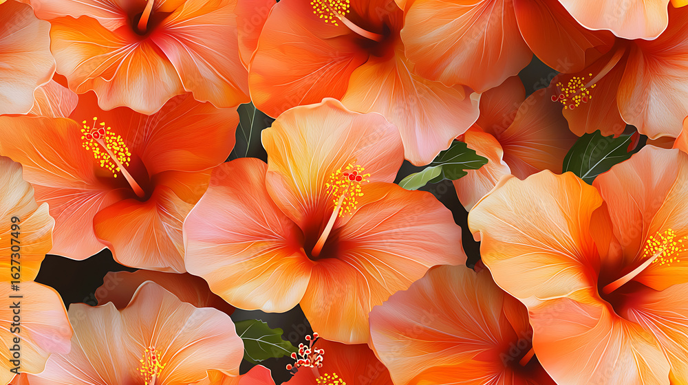 Fototapeta premium Vibrant seamless pattern featuring mini orange hibiscus flowers, showcasing their delicate petals and bright colors, evokes tropical feel
