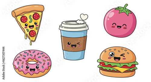 A delightful assortment of cute kawaii food characters. Vector illustrations of pizza, coffee, donut, burger, and tomato with happy faces.