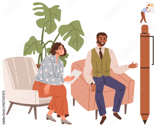 Two colleagues engaging in discussion, seated on armchairs with a green plant and giant pen. Ideal for teamwork, brainstorming, creativity, collaboration, communication, leadership, simple landing
