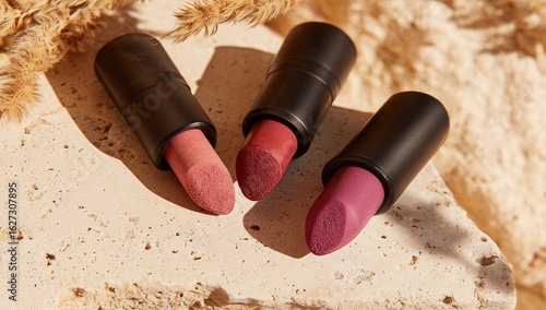 Three lipgloss tubes in shades of pink on a beige stone surface with dried grasses