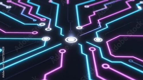 Glowing Circuit Board Pathways with Central Light