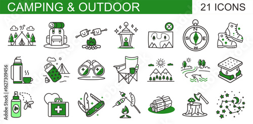 A set of 21 line icons for camping and outdoor fun—tent, backpack, campfire, compass, first-aid kit & gear. Ideal for travel apps, adventure guides, nature blogs, or outdoor-themed merch.