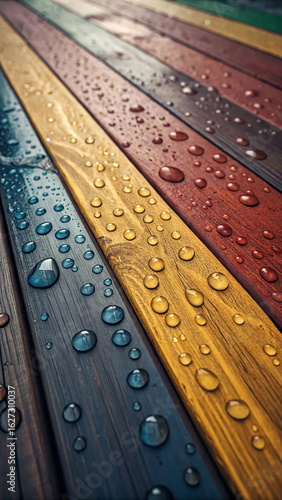 Wet colorful wooden planks water droplets