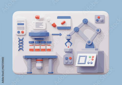 Automated pharmaceutical production line, robotic arm assembling medicine.