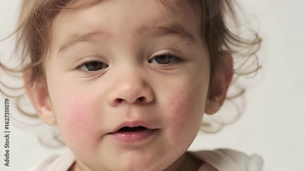 Adorable Baby with Brown Eyes and Rosy Cheeks Covering Mouth on White Background Adorable Baby with Brown Eyes and Rosy Cheeks Covering Mouth on White Background