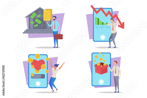 Illustrations of various financial themes, including banking, investment trends, and digital transactions, showcasing emotions related to money and commerce