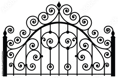 Ornate Wrought Iron Gate Topper with Spirals and Arches in Black Silhouette
