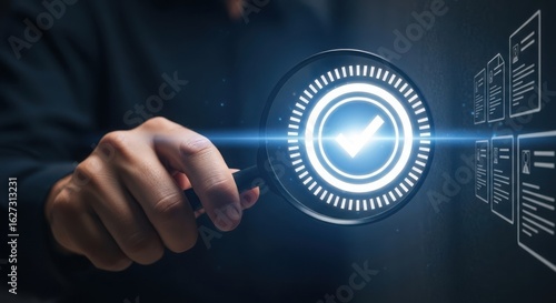 Businessman using magnifier with check mark for validation and verification