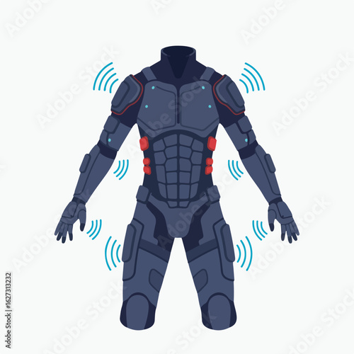 A futuristic haptic suit of armor with glowing red lights and blue signal waves.