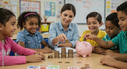 Wallpaper Mural Children Learning About Savings with Teacher and Piggy Bank. Torontodigital.ca