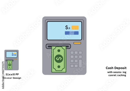 A vector illustration of a cash deposit transaction at an automated teller machine.