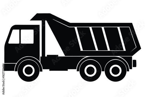 Silhouette Illustration of a Black Dump Truck with Three Axles and a Cabin