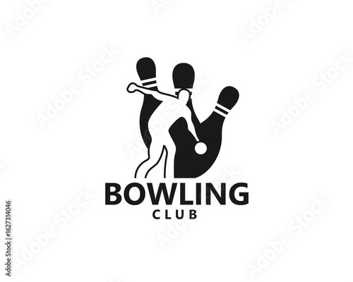 creative bowling logo, shadow of a person playing bowling inside the bowling pins logo design inspiration