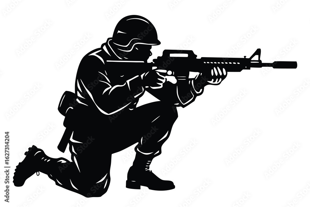Fototapeta premium Silhouette Illustration Soldier Crouching and Aiming Rifle in Full Gear, Black and White