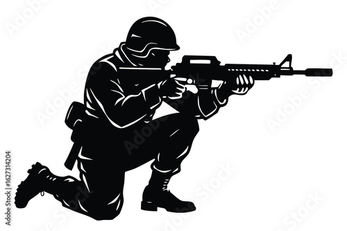Silhouette Illustration Soldier Crouching and Aiming Rifle in Full Gear, Black and White