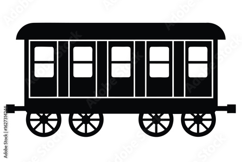 Silhouette Illustration Train Carriage with Windows and Wheels Depicted in Black and White