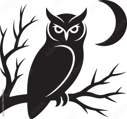 Silent Owl Night Silhouette  Perched Bird Under Moonlight Vector