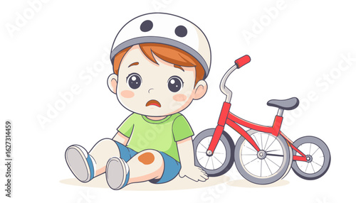 Child's bicycle accident. Upset boy with scraped knee and red tricycle on white background