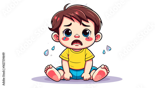 Cute cartoon baby with tears, expressing sadness and distress, crying and upset