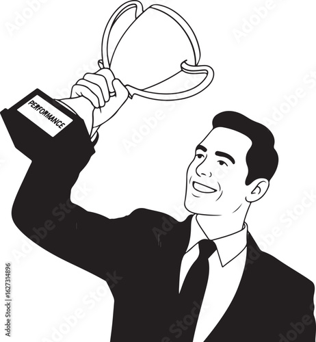 Victorious Businessman Holding Trophy Vector  Corporate Success Outline Icon