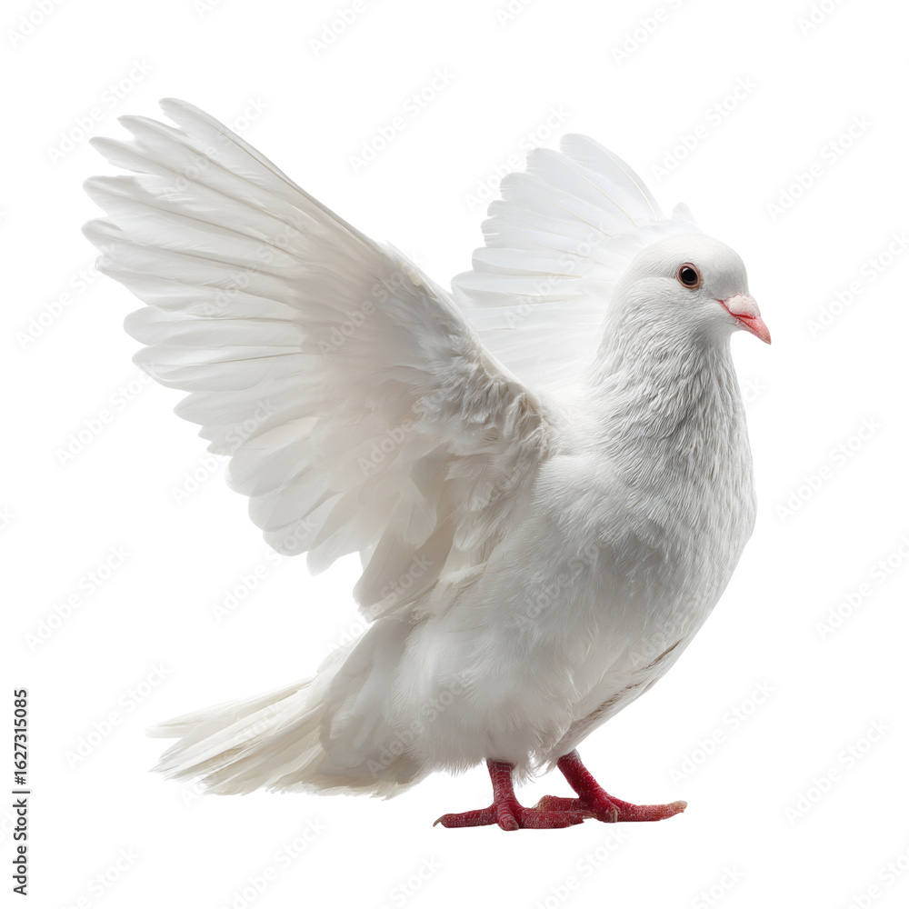 Naklejka premium beautiful white dove with outstretched wings, symbolizing peace and freedom, stands gracefully against transparency background. Its delicate features and vibrant eyes capture attention