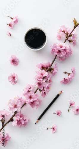 Pink cherry blossoms, coffee cup, pencil on white