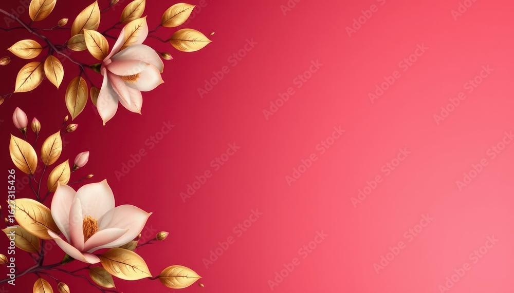 Naklejka premium Romantic red background with decorative golden foliage and white flowers