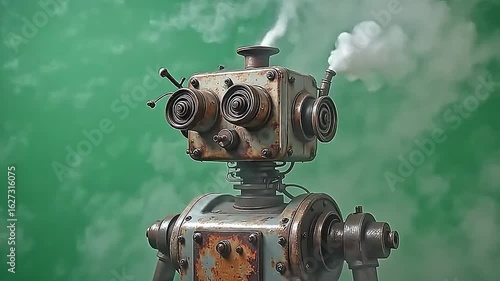 ampere misfunction steam-powered golem volcano burst steamer explosion vista violently, with every surcharge sharp elaborated along ampere satisfying greenness background.