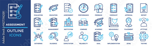 Assessment icon set. Containing evaluation, education, performance, feedback, checklist, approval, report, risk and more. Solid vector icons collection 
