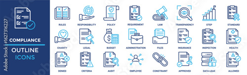 Compliance icon set. Containing rules, responsibility, policy, requirement, law, transparency, step and more. Solid vector icons collection