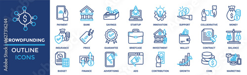 Crowdfunding icon set. Containing payment, bank, savings, startup, innovation, support, collaborative and more. Solid vector icons collection