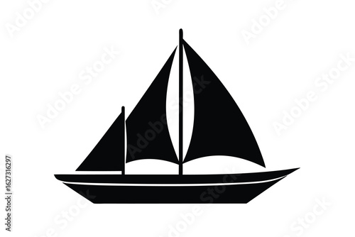 Silhouette of a Sailing Boat with Two Sails and a Mast on White Background