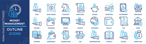 Money management icon set. Containing loan, basic needs, strategy, mortgage, saving, investing, retirement and more. Solid vector icons collection