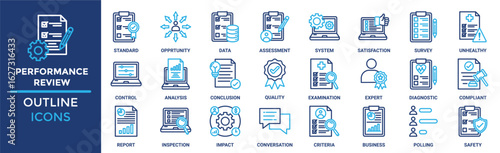 Performance review icon set. Containing standard, opportunity, data, assessment, system, satisfaction, survey, unhealthy and more. Solid vector icons collection 