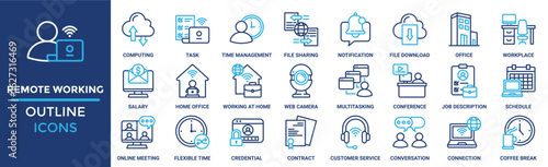Remote working icon set. Containing computing, task, time management, file sharing, notification, file download, office and more. Solid vector icons collection