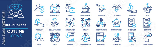Stakeholder icon set. Containing investor, community, trade, government, supplier, customer, creditor and more. Solid vector icons collection