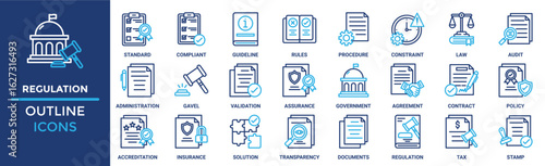 Regulation icon set. Containing standard, compliant, guideline, rules, procedure, constraint, law and more. Solid vector icons collection