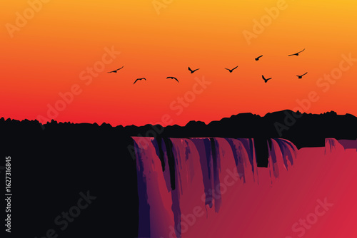 Vibrant sunset over city silhouette and ocean bird