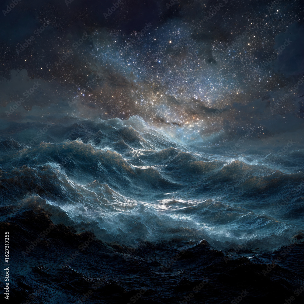 Fototapeta premium A serene nightscape depicting a luminous full moon illuminating a vast, dark ocean under a starlit sky.