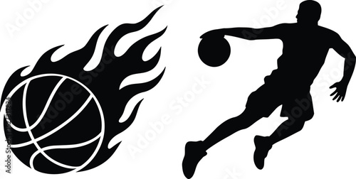 Basketball player slam dunk and fireball icon silhouette vector illustration