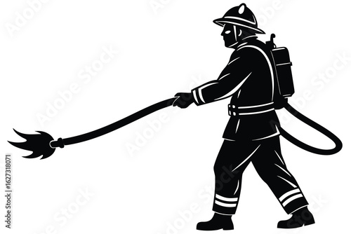 Silhouette of Firefighter with Flame Thrower Equipped with Protective Gear and Breathing Apparatus