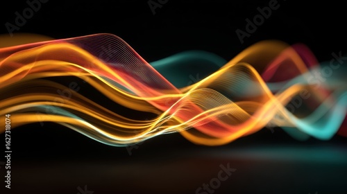 Gently undulating energy currents create an engaging flow with vibrant lighting effects in a minimalist composition, evoking a sense of movement and tranquility